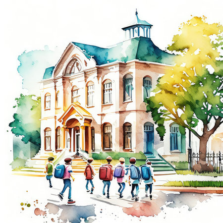 Watercolor sketch of school building in the city. Illustration for your designの素材