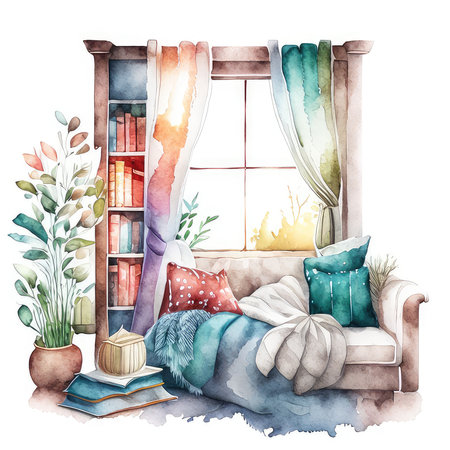 Watercolor interior with sofa, bookshelf, plants and windowの素材