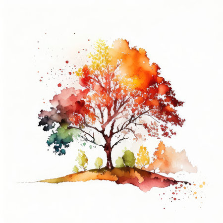 Watercolor autumn tree on white background. Hand painted vector illustration.の素材
