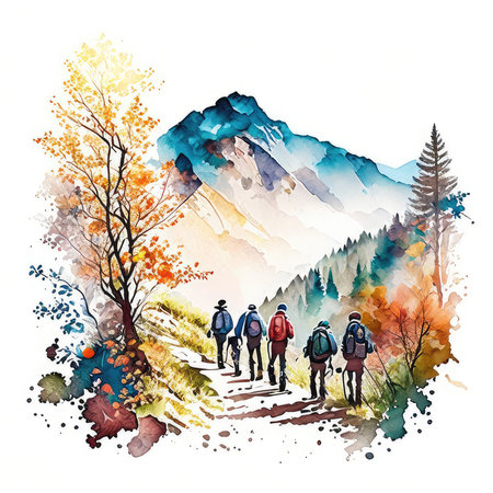 Illustration of group of hikers in the autumn forest. Watercolor paintingの素材