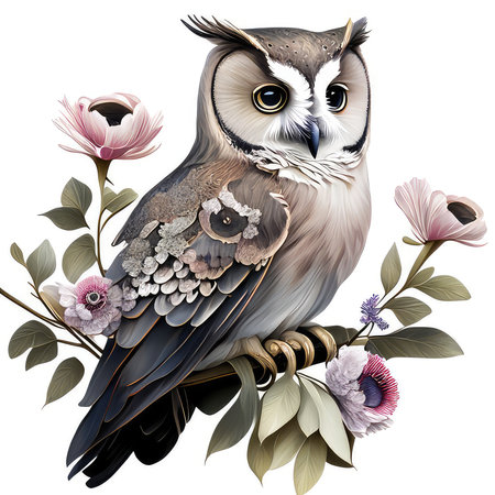 Owl with flowers and leaves on a white background. Vector illustration.の素材