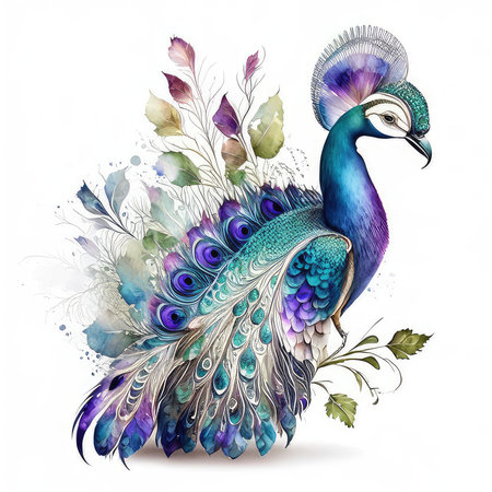 Peacock with feathers. Hand drawn watercolor illustration on white backgroundの素材