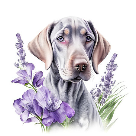 Digital painting of a dachshund dog with lavender flowersの素材