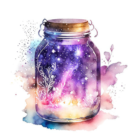 Watercolor illustration of a jar with a starry sky inside.の素材