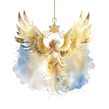 Christmas angel with golden wings. Watercolor hand drawn illustration isolated on white backgroundの素材