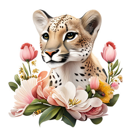 Cheetah with flowers isolated on white background. Vector illustration.の素材