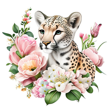 Cheetah with flowers and leaves isolated on white background. Vector illustration.の素材