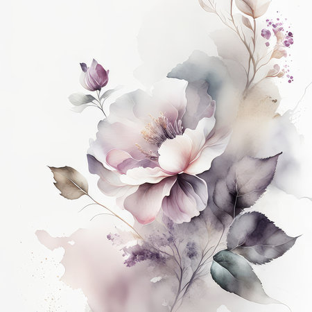 watercolor painting of leaves and flower, on white background, illustrationの素材