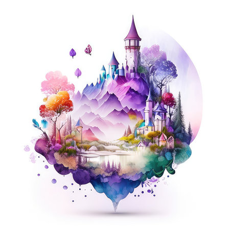 Magic landscape with castle and lake. Watercolor painting. Vector illustration.の素材