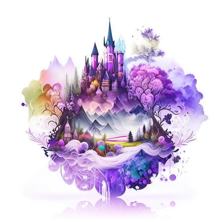 Magic fairy tale castle with magic forest. Fairytale landscape. Vector illustration.の素材