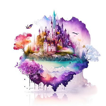 Magic castle in watercolor style. Fairy tale castle. Watercolor illustration.の素材