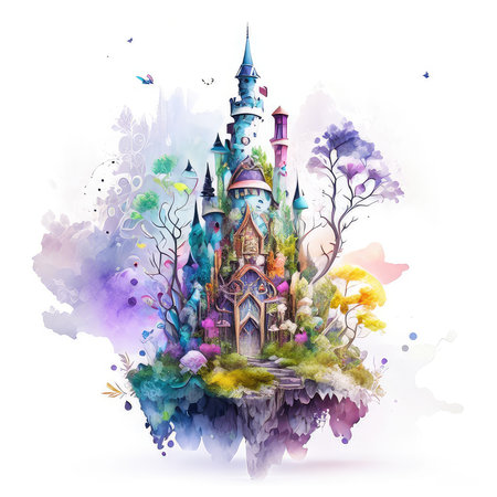 Watercolor fairy tale castle on watercolor background. Vector illustration.の素材