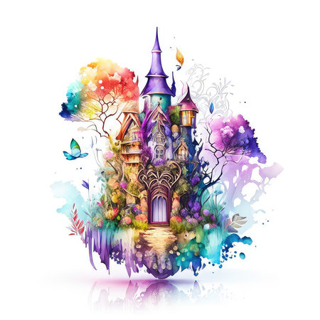 Magic Fairy Tale Castle. Hand drawn watercolor illustration for your designの素材