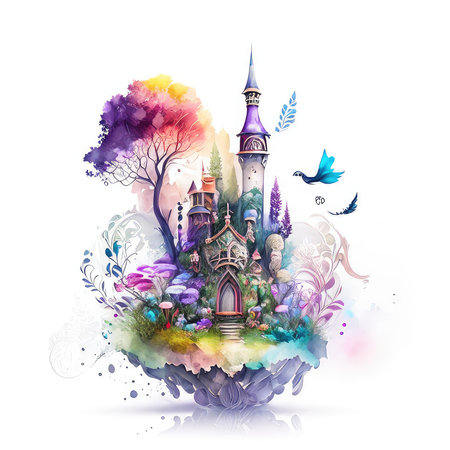 Beautiful hand drawn watercolor illustration of fairy tale castle in the forestの素材