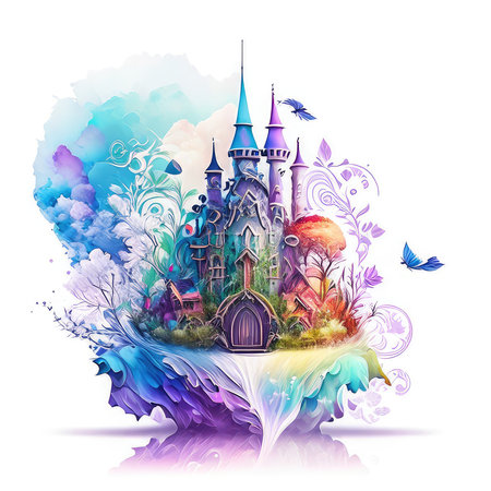 Magic castle on watercolor background. Fairy-tale castle. Vector illustration.の素材