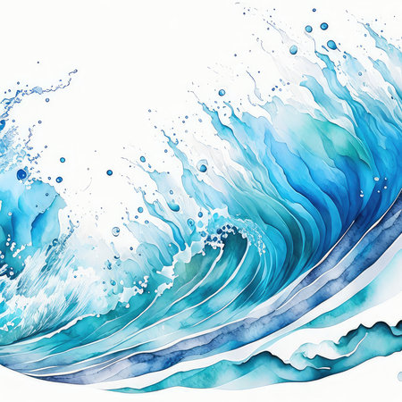 Blue watercolor wave background. Hand drawn illustration. Design element.の素材