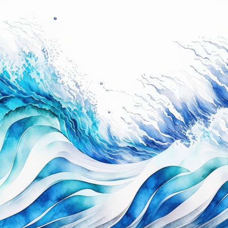 Blue sea wave background with copy space. Watercolor hand drawn illustrationの素材