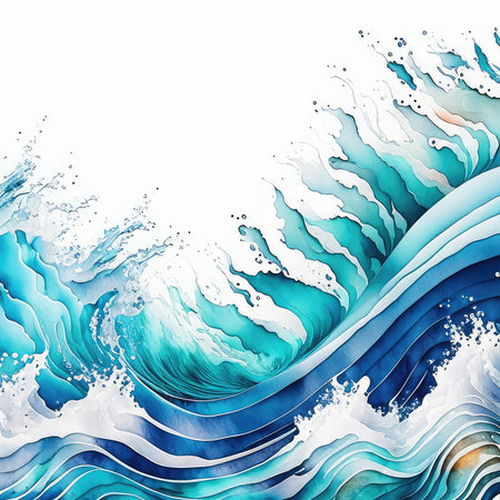 Abstract background with blue waves and splashes. Watercolor illustration.の素材