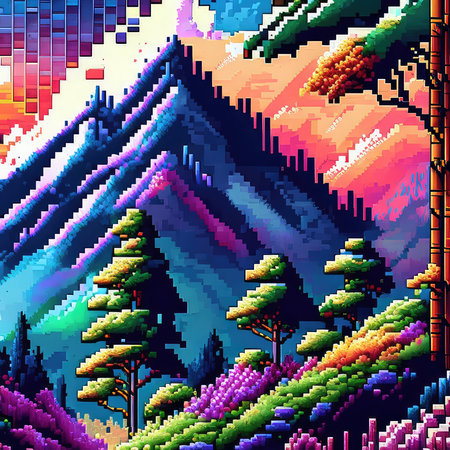 Seamless pattern with pixel art mountains and trees. Vector illustration.の素材