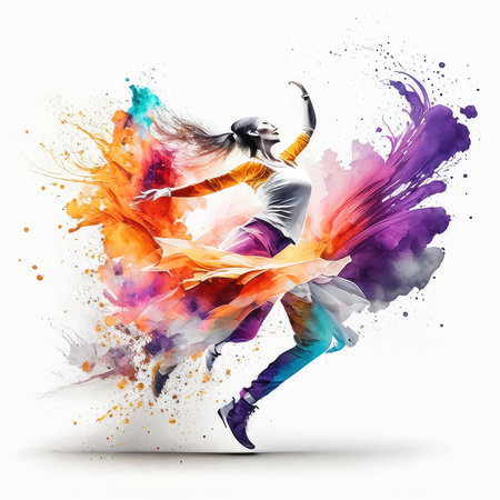 Modern style dancer jumping with colorful paint splashes. Vector illustration.の素材