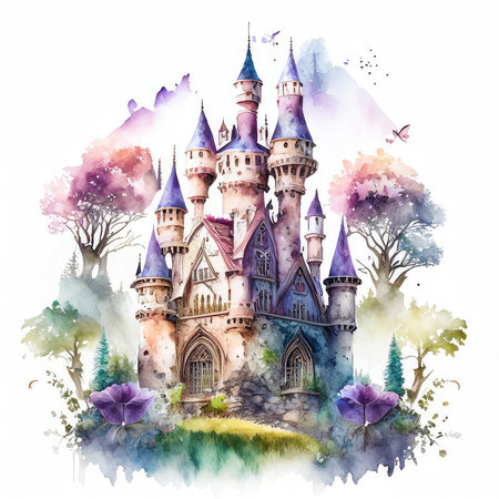 Watercolor fairy tale castle in the forest. Watercolor illustration.の素材