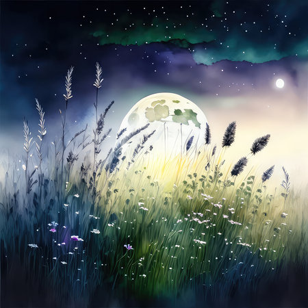 Night landscape with wildflowers, grass and moon. Vector illustration.の素材