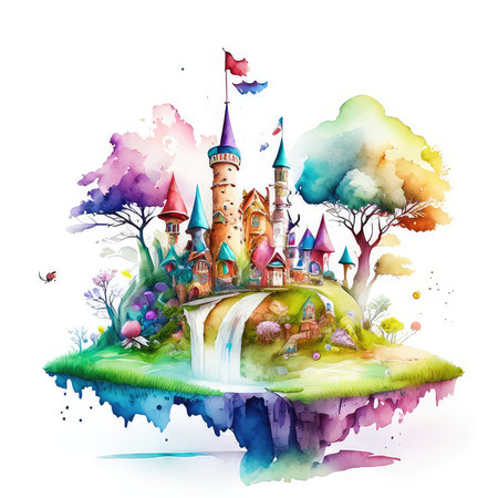 Watercolor fairy tale castle on island. Hand drawn illustration isolated on white backgroundの素材