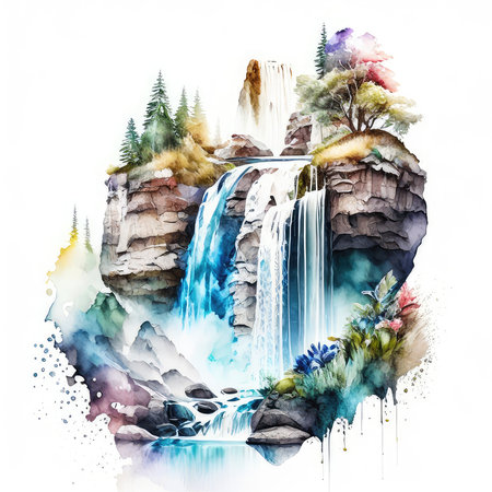 Watercolor mountain landscape with waterfall. Hand drawn illustration on white backgroundの素材