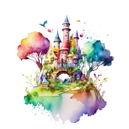 Watercolor castle on the island. Watercolor illustration for your designの素材
