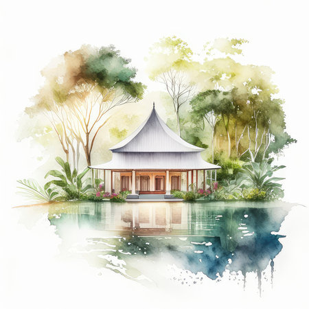 Watercolor painting of a pavilion in the park. Vector illustration.の素材