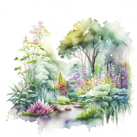 Watercolor illustration of a summer garden with blooming trees and flowersの素材