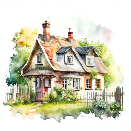 Watercolor hand drawn illustration of a beautiful old wooden cottage in the countrysideの素材