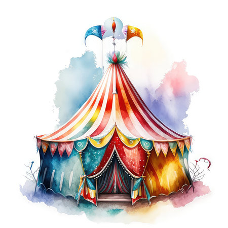 Watercolor circus tent. Hand drawn illustration isolated on white background.の素材