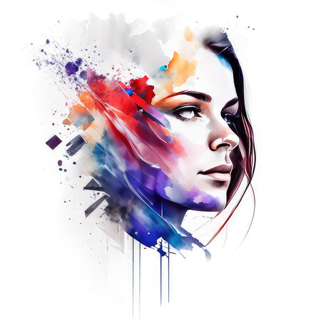 Portrait of a beautiful young woman combined with colorful paint splashes.の素材