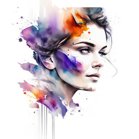 Beautiful woman face with abstract colorful watercolor splashes on white background.の素材