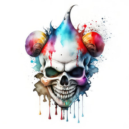 Skull with colorful paint splashes isolated on a white background.の素材