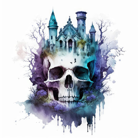 Gothic castle with skull. Hand drawn watercolor illustration.の素材