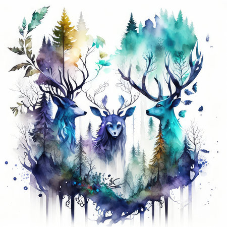 Watercolor forest with deer. Hand drawn illustration for your design.の素材