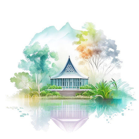 Temple in the forest. Watercolor painting. Vector illustration.の素材