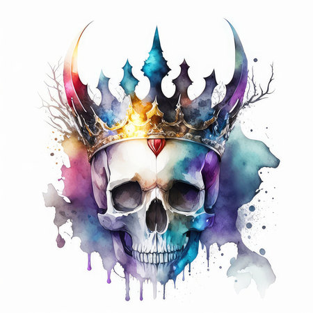 Gothic skull with crown and watercolor splashes. Vector illustration.の素材