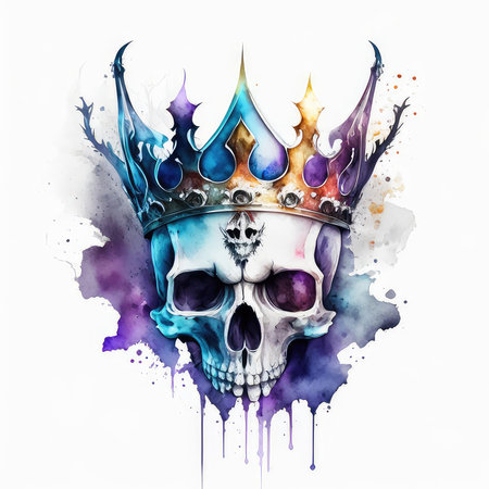 Watercolor skull with crown and splashes isolated on white background.の素材