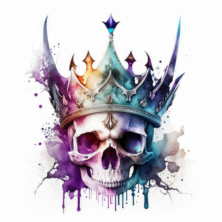Watercolor skull with crown and splashes, isolated on white backgroundの素材