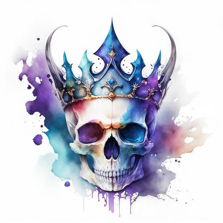 Watercolor skull with crown. Hand drawn illustration isolated on white backgroundの素材