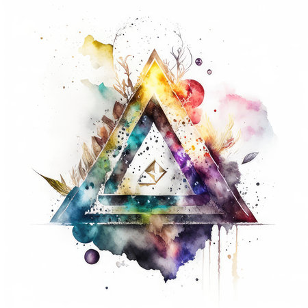 Watercolor illustration of abstract triangle with watercolor elements on white backgroundの素材