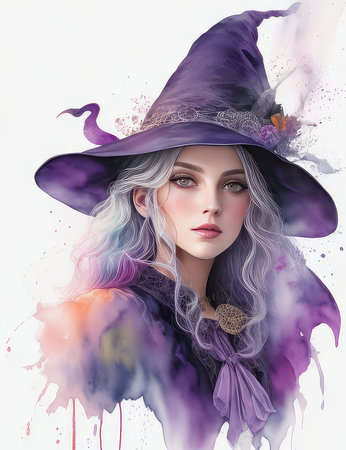 Beautiful girl in a witch's hat. Halloween. 3D rendering.の素材