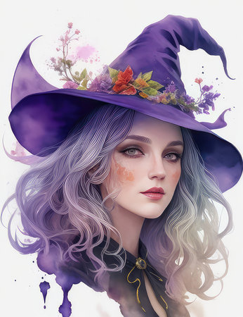Beautiful young woman in a witch's hat with flowers. Halloween.の素材