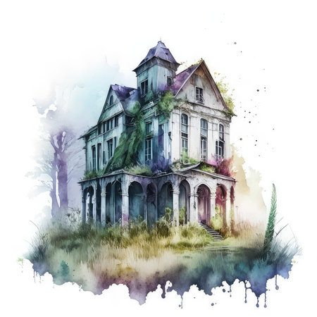 Watercolor illustration of old abandoned house. Hand drawn watercolor illustration.の素材