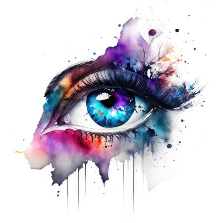 Watercolor illustration of a beautiful female eye with multicolored paint splashesの素材
