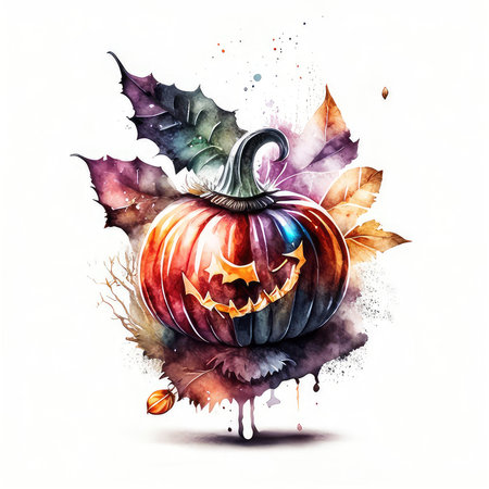 Watercolor illustration of halloween pumpkin with autumn leaves isolated on white backgroundの素材