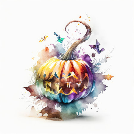 Watercolor illustration of halloween pumpkin on watercolor splash backgroundの素材